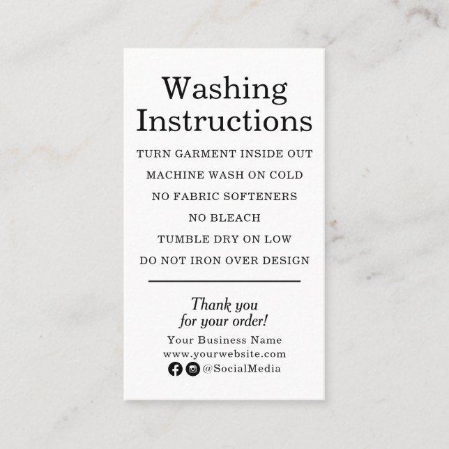 Clothing Care Instructions Modern Black and White Business Card (Front)