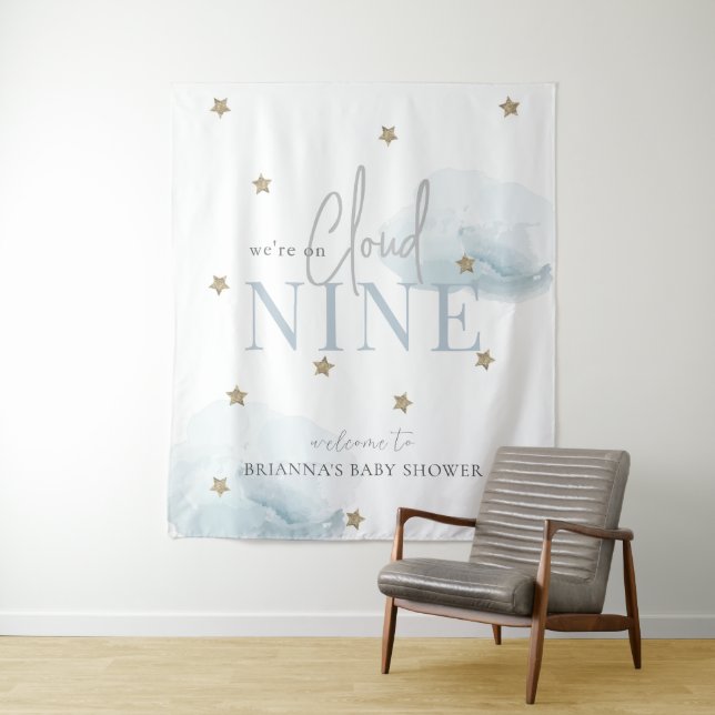 Cloud 9 Gold Stars Blue Baby Shower Welcome Tapestry (In Situ)