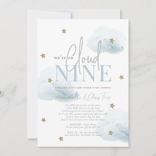 Cloud 9 Gold Stars Boy Baby Shower by Mail Invitation (Front)
