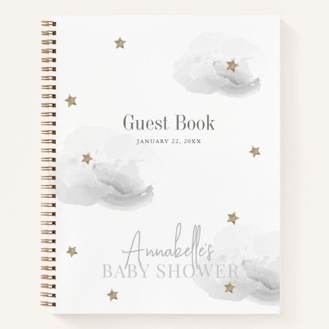 Cloud 9 Gold Stars Grey Baby Shower Guest Book (Front)