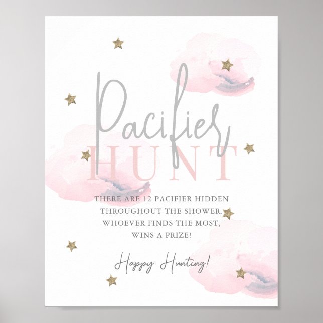 Cloud 9 Gold Stars Pink Baby Shower Pacifier Hunt Poster (Front)