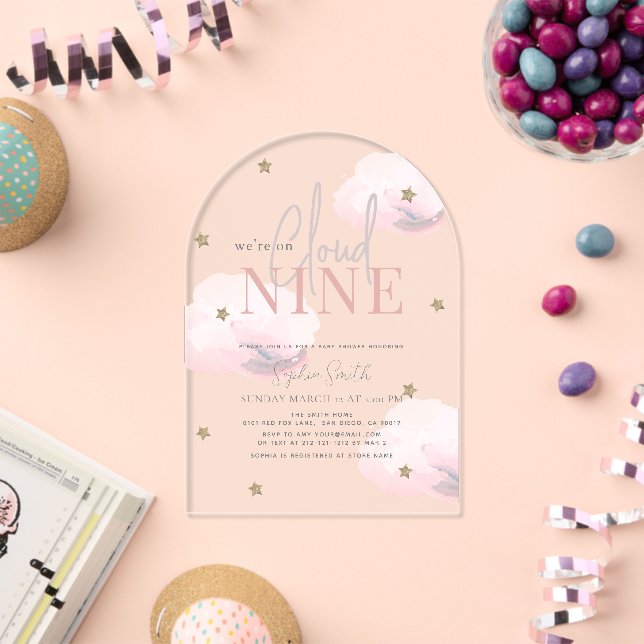 Cloud 9 Gold Stars Pink Girl Baby Shower Acrylic Invitations (Insitu (Celebration))