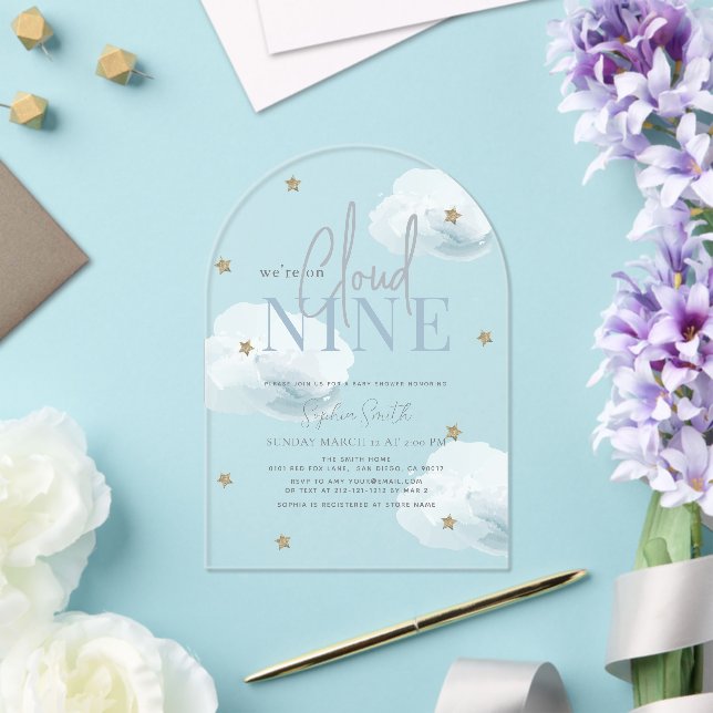 Cloud 9 Gold Stars Watercolor Boy Baby Shower Acrylic Invitations (Insitu (Wedding))