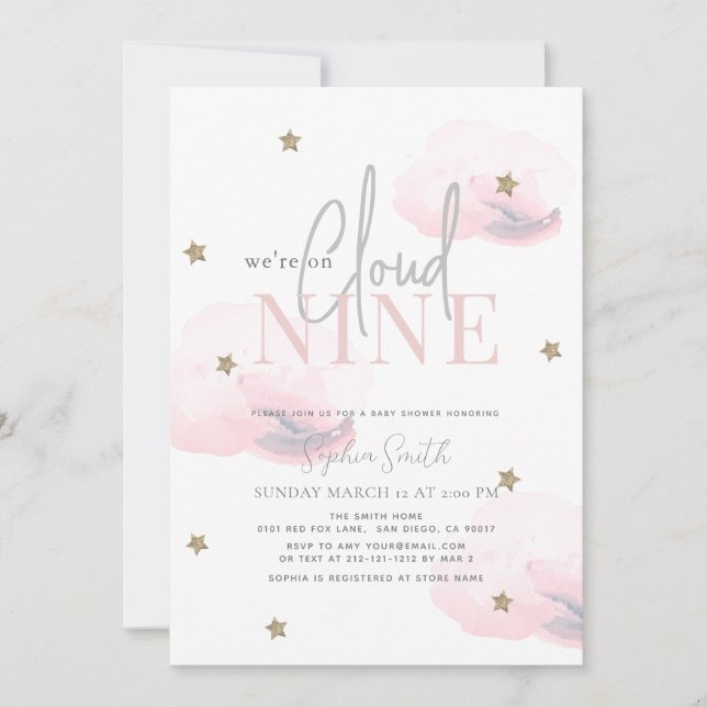 Cloud 9 Gold Stars Watercolor Pink Baby Shower Invitation (Front)