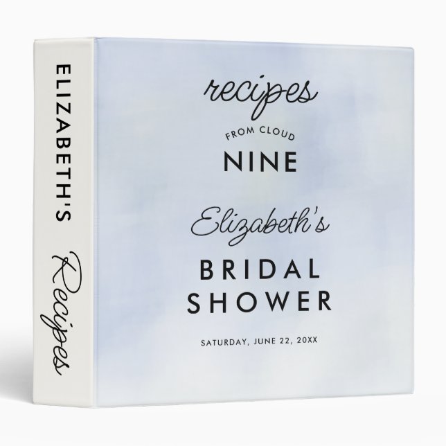 Cloud 9 Pastel Blue Bridal Shower Recipe Organizer Binder (Front/Spine)