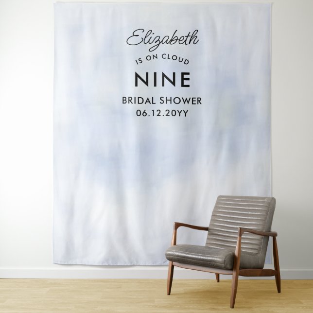 Cloud 9 Pastel Blue Modern Bridal Shower Backdrop Tapestry (In Situ)