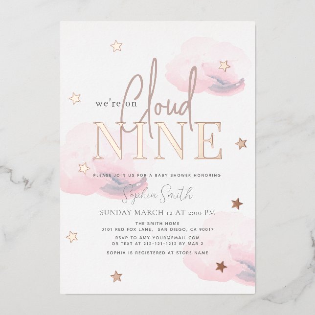 Cloud 9 Pink Clouds Watercolor Girl Baby Shower (Front)