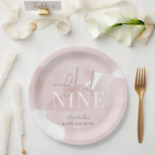 Cloud 9 Pink Sky Watercolor Girl Baby Shower Paper Plate