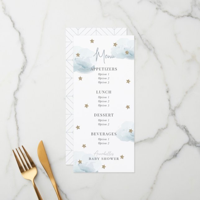 Cloud 9 Stars Watercolor Baby Shower Menu (Front/Back In Situ)