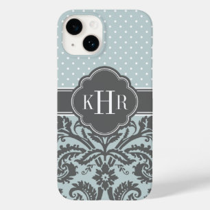 Cloud and Charcoal Grey Damask Polka Dots Monogram Case-Mate iPhone 14 Case