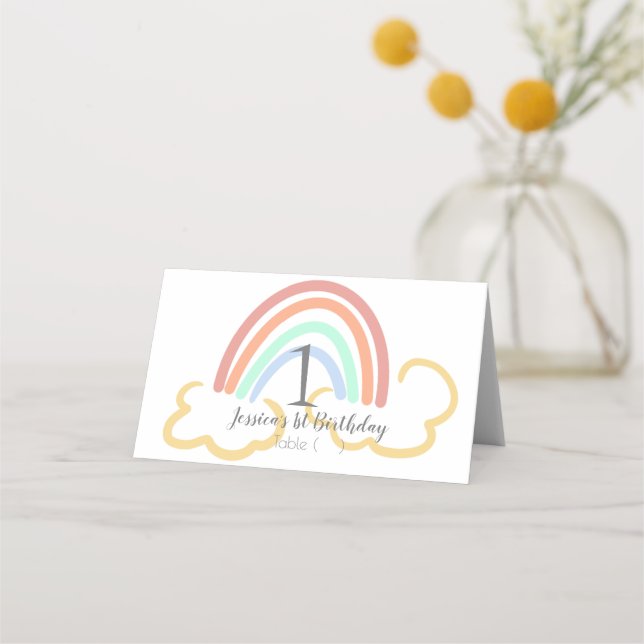 Cloud and Rainbow Brush Stroke First Birthday Place Card (Front)