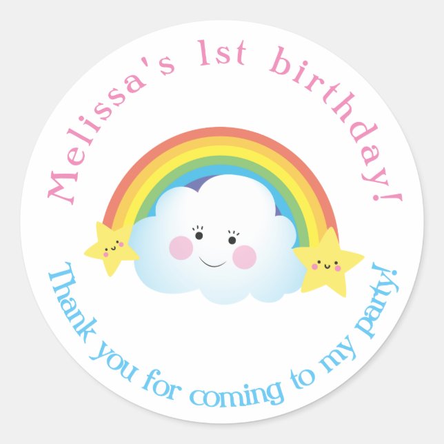 Cloud and Rainbow Children Birthday thank you Classic Round Sticker (Front)