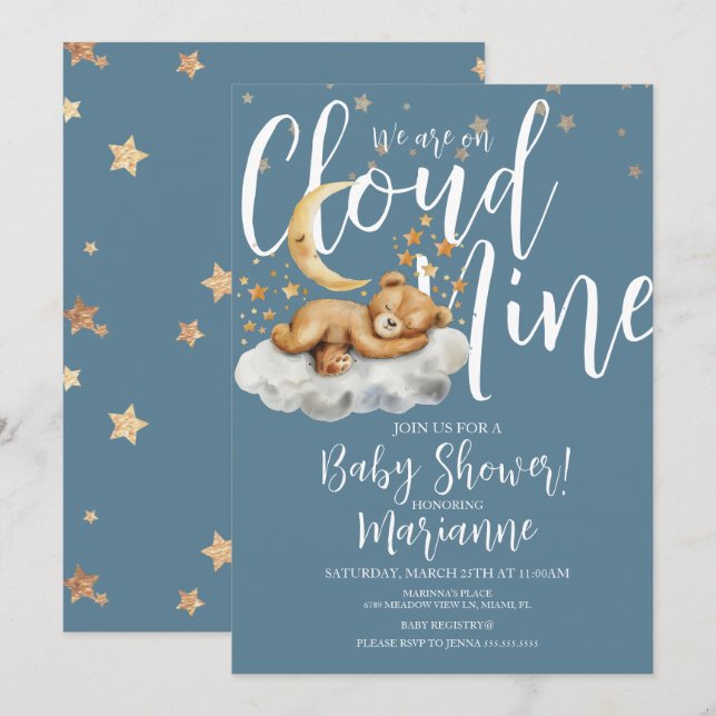  Cloud Bear Boy Stars Baby Shower  Invitation (Front/Back)