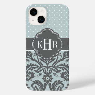 Cloud Blue and Charcoal Grey Damask Dots Monogram Case-Mate iPhone 14 Case