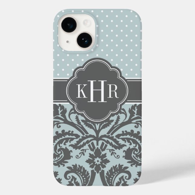Cloud Blue and Charcoal Grey Damask Dots Monogram Case-Mate iPhone Case (Back)