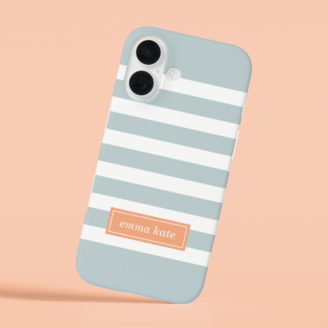 Cloud Blue and Peach Preppy Stripes Monogram iPhone 16 Case (Creator Uploaded)
