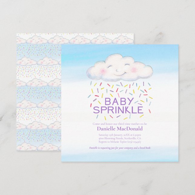 Cloud candy baby sprinkle watercolor square invitation (Front/Back)