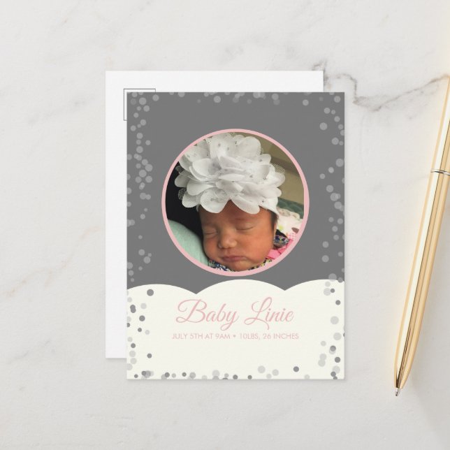 Cloud Confetti Dot Border Baby Grey Pink Announcem Announcement Postcard (Front/Back In Situ)