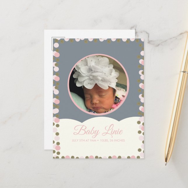 Cloud Confetti Dot Bordure Baby Faire-part Carte (Devant/Arrière en situation)