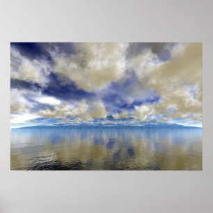 Cloud Covered Distant Ocean Mountains Poster