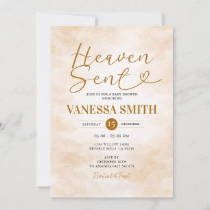 Cloud Heaven Sent Baby Shower Beige Watercolor Invitation