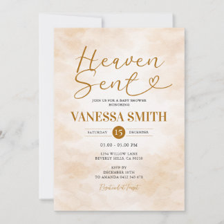 Cloud Heaven Sent Baby Shower Beige Watercolor Invitation