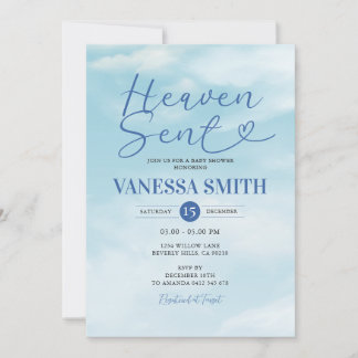 Cloud Heaven Sent Baby Shower Blue Watercolor Invitation