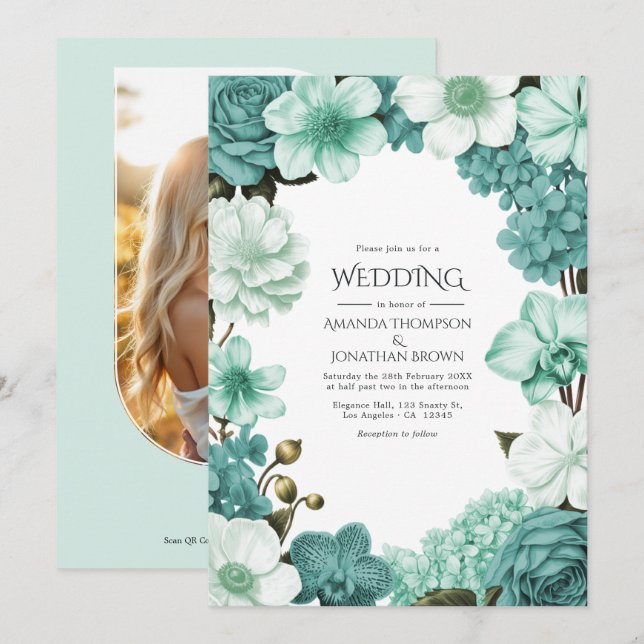 Cloud Mint, Frosted Teal & Seaglass Ivory Wedding Invitation (Front/Back)