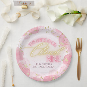 Cloud Nine 9 Glow Pink Gold Glitter Bridal Shower Paper Plate