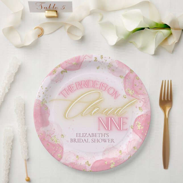 Cloud Nine 9 Glow Pink Gold Glitter Bridal Shower Paper Plate (Wedding)