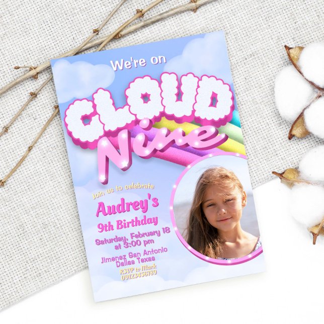 Cloud Nine - 9th Birthday with Photo Invitation (Cloud Nine - 9th Birthday with Picture Photo Invitation)