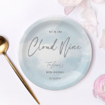 Cloud nine baby shower grey dusty blue paper plate<br><div class="desc">We're on cloud nine baby shower  template plates  personalized baby shower tableware. Pastel watercolor clouds,  grey modern script table decor.</div>