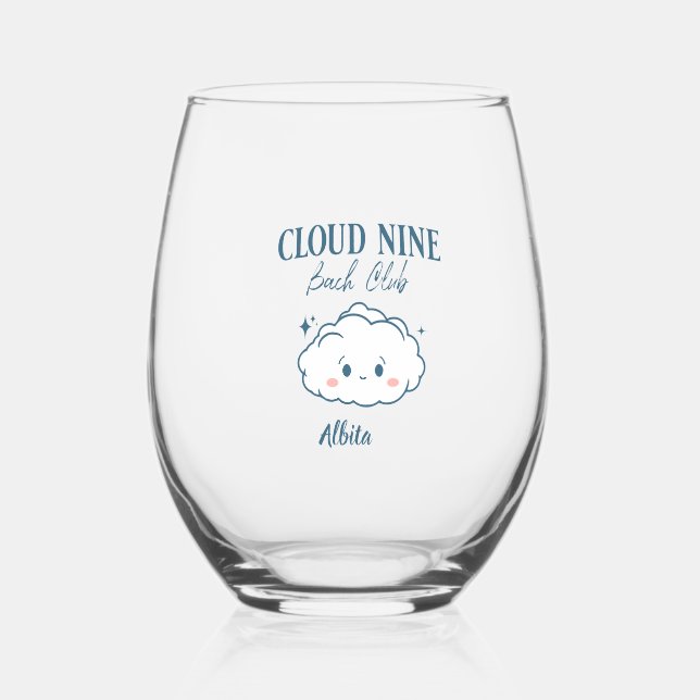 cloud nine bachelorette party stemless wine glass (Front)
