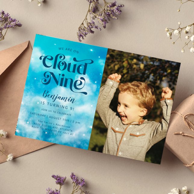 Cloud Nine Boy's 9th Birthday Photo Invitation (Creator Uploaded)