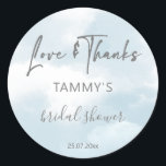 Cloud nine bridal shower favour gift classic round sticker<br><div class="desc">She is on cloud nine bridal shower personalized favour gift stickers,   Pastel watercolor clouds,  grey modern script.</div>