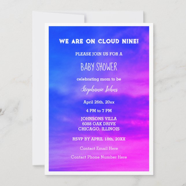 Cloud Nine Girl Baby Shower Blue Pink Colourful Invitation (Front)
