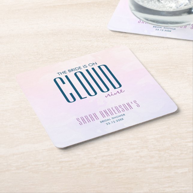 Cloud Nine Modern Purple Blue Bridal Shower Square Paper Coaster (Angled)