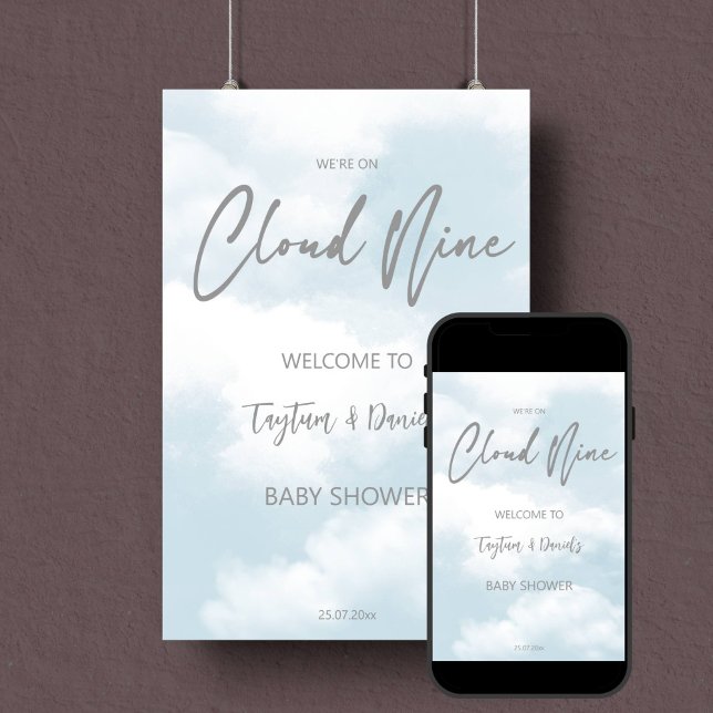 Cloud nine pastel grey baby shower welcome sign (Cloud nine pastel grey baby shower editable template welcome sign digital download entrance decor)
