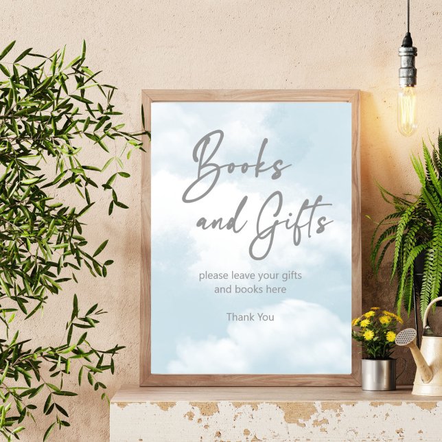 Cloud nine pastel grey books and gifts table sign (Cloud nine pastel grey clouds baby shower books and gifts table sign personalized decor)