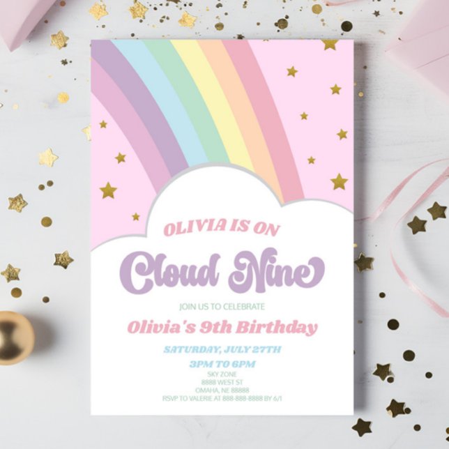 Cloud Nine Rainbow and Stars 9th Birthday Party Invitation (Creator Uploaded)