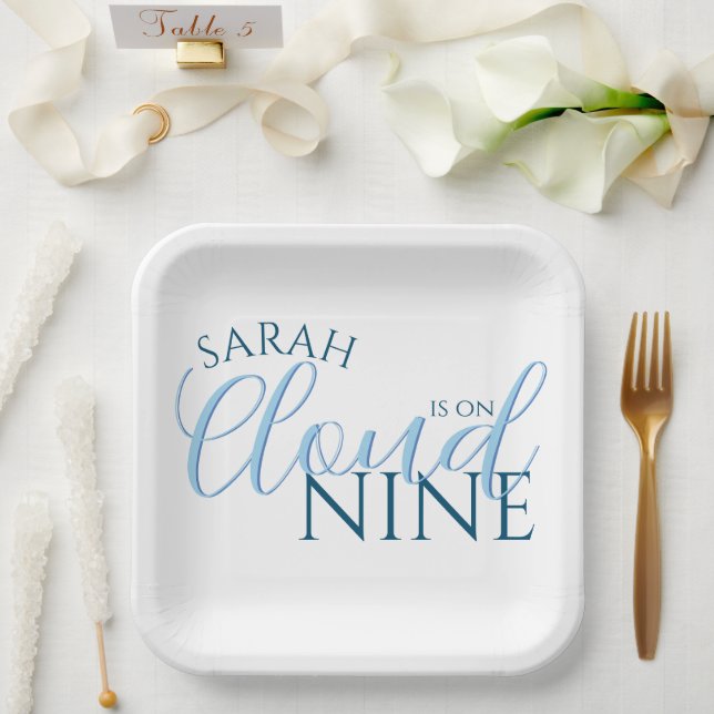 Cloud nine simple modern script bridal shower paper plate (Wedding)