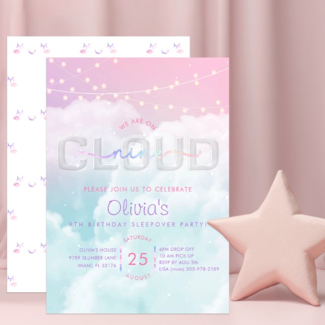 Cloud Nine Sleepover Invitation –  9th Birthday  (Fun Pastel - Cloud Nine Birthday Party Invite)