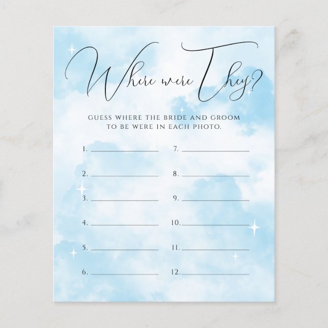 Cloud Nine Where Were They Bridal Shower Game (Front)