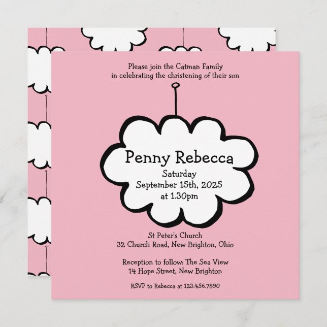 Cloud on a String Christening Invitation (Front/Back)