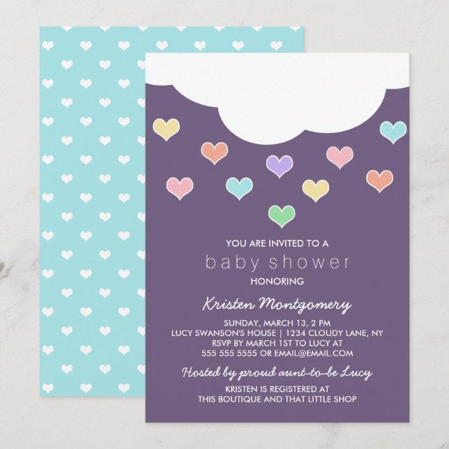Cloud & Pastel Hearts | Purple Baby Shower Invite (Front/Back)