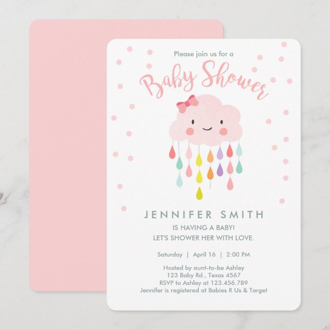 Cloud Raindrops Invitation Baby shower fille rose (Devant / Derrière)