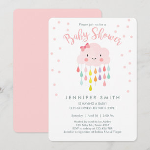 Cloud Raindrops Invitation Baby shower fille rose