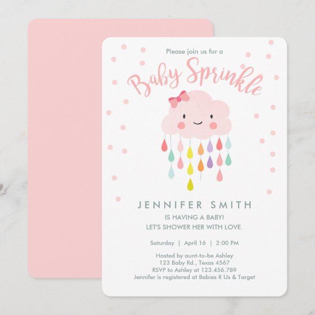 Cloud Raindrops Pink Girl Sprinkle Invitation (Devant / Derrière)
