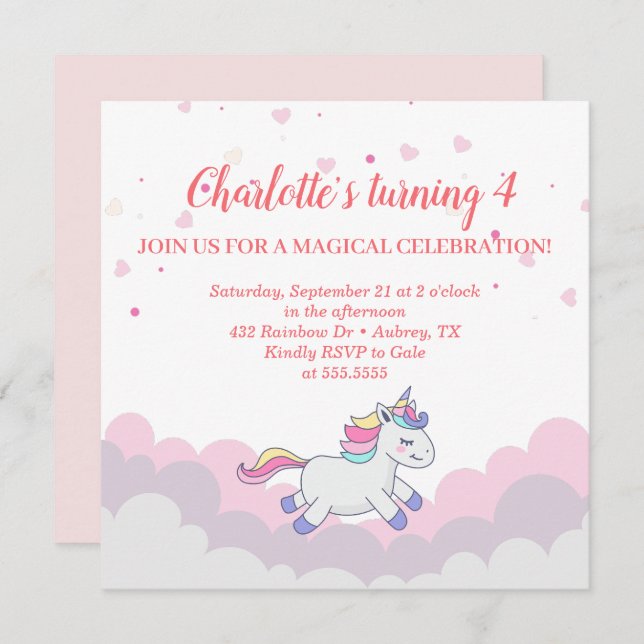 Cloud & Unicorn Girl Birthday Invitation (Front/Back)