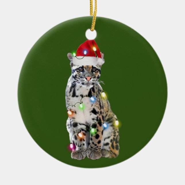 Clouded Leopard With Hat Lights Christmas Ceramic Ornament (Front)